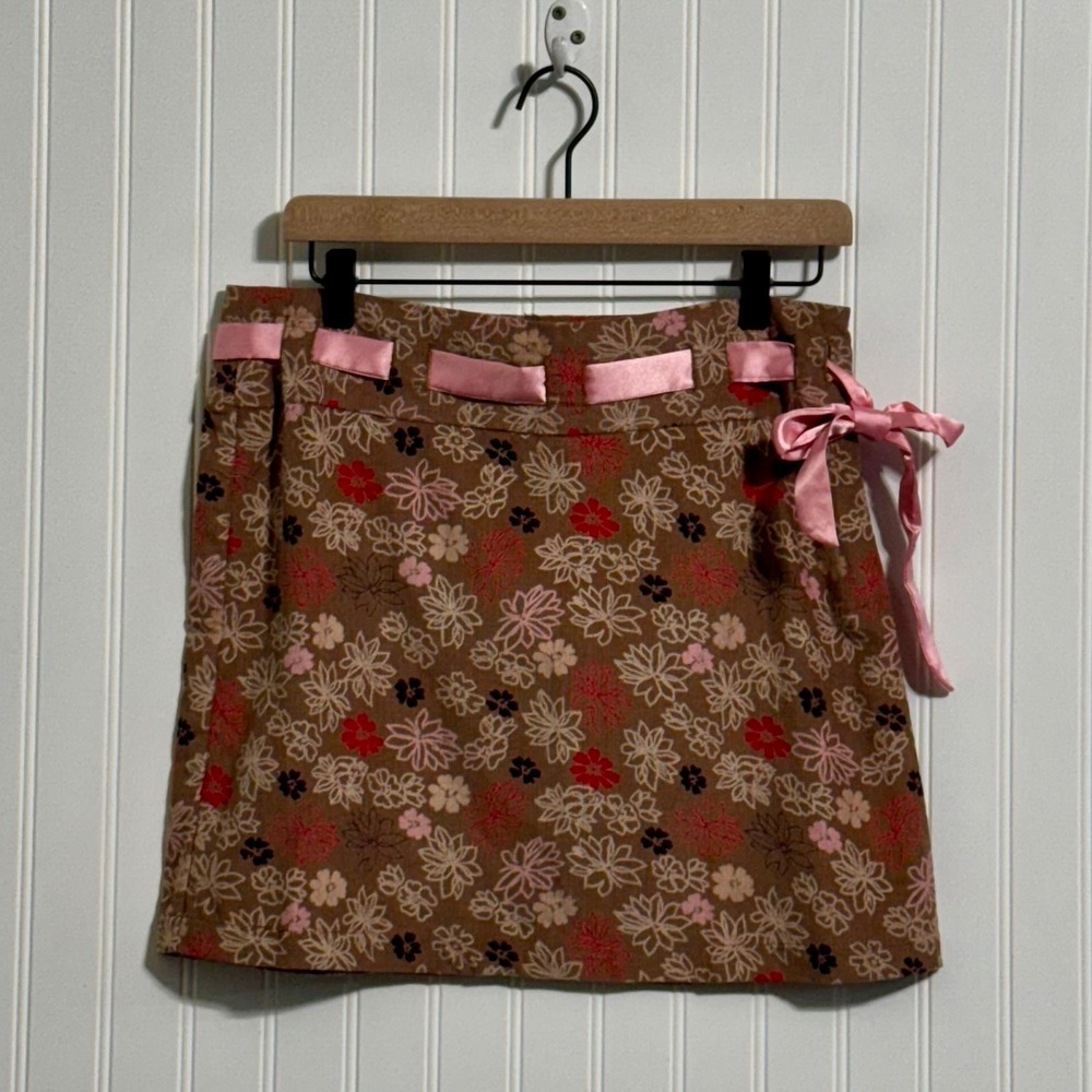 Angie Vintage Y2K Corduroy Floral Mini Skirt Side Ribbon Bow Brown Pink SZ M NEW